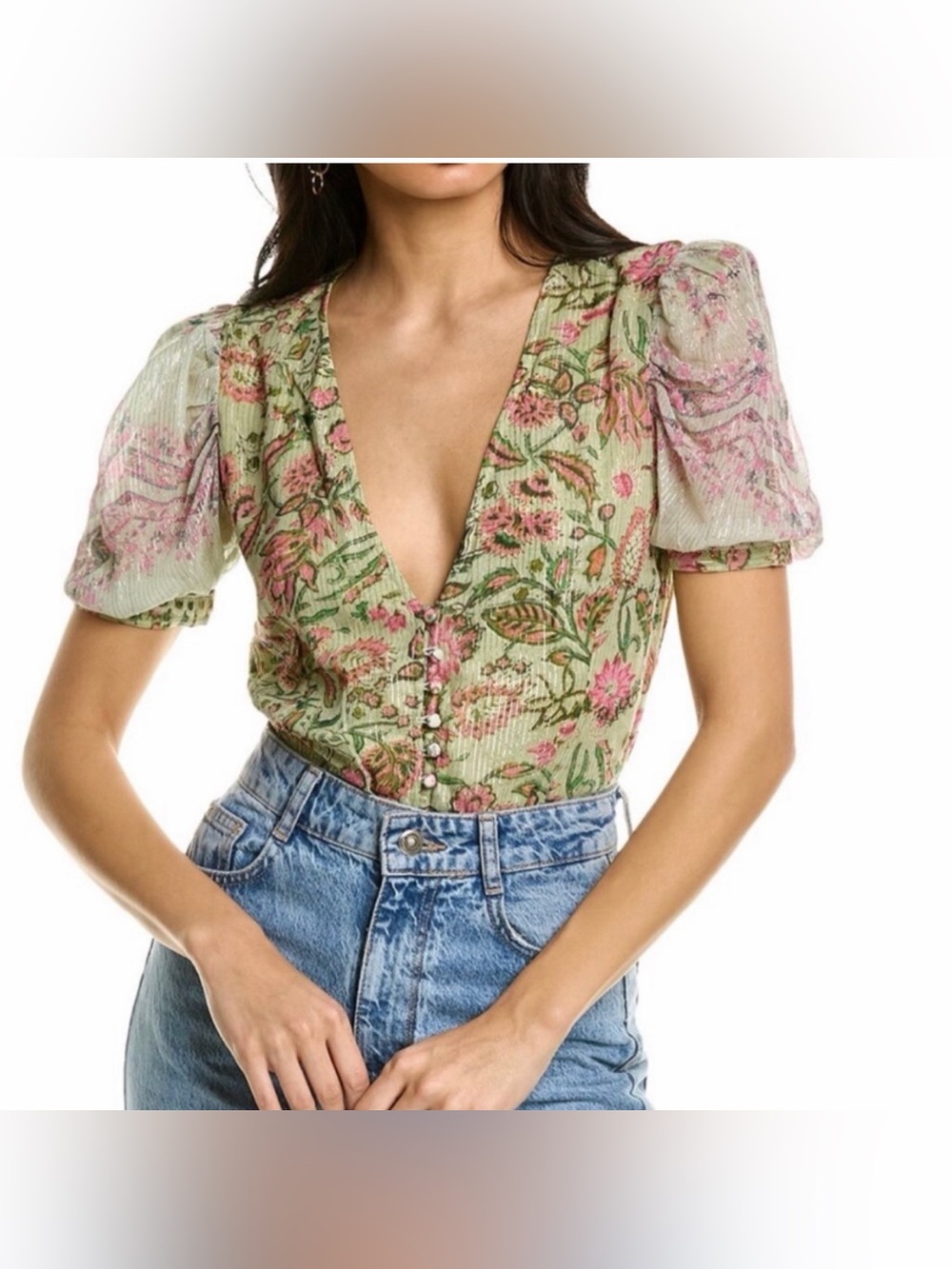 HEMANT & NANDITA Sage Green Floral V-Neck Puff Sleeve Top with Pink Accents